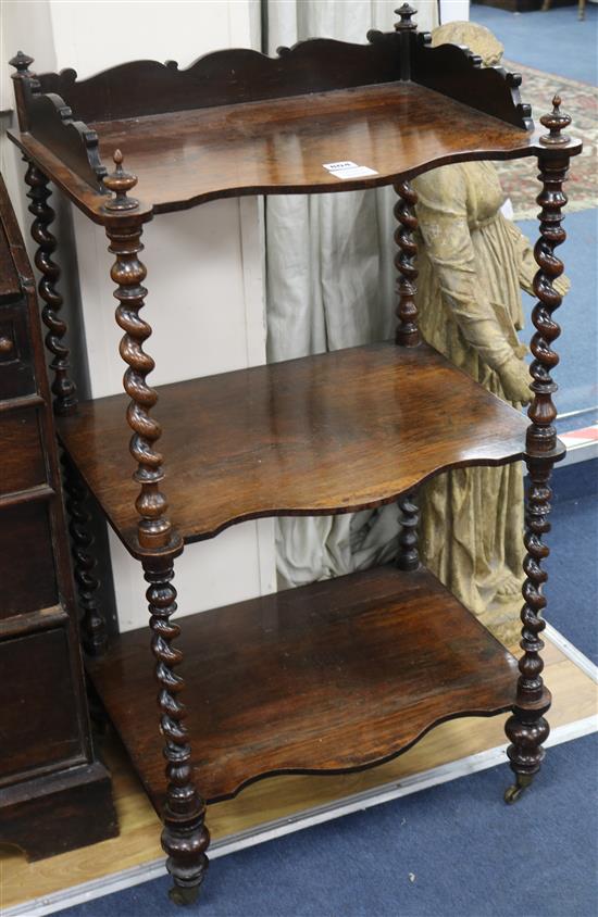 A Victorian rosewood rectangular three tier whatnot, H.98cm